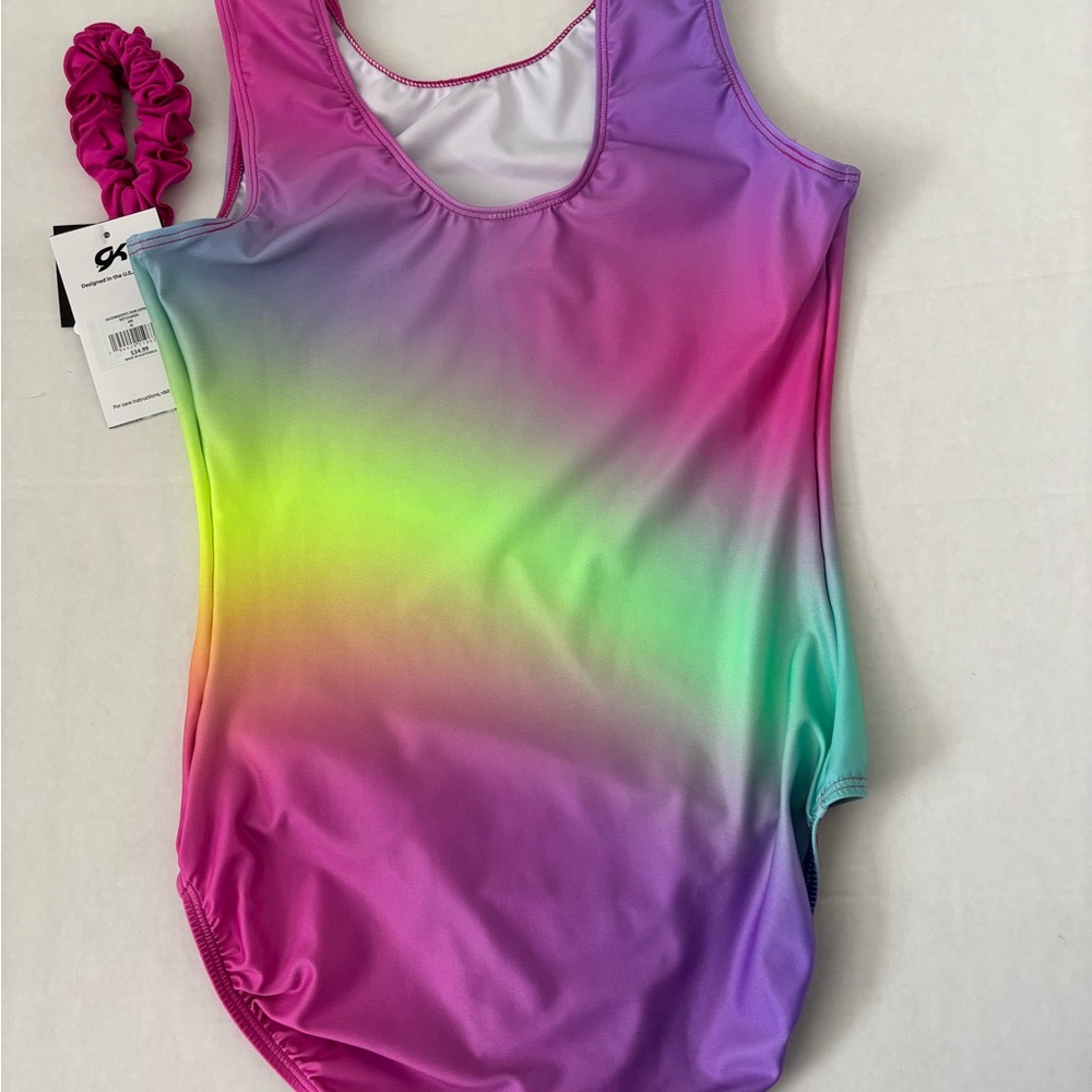 New! GK Gymnastics Adult Leotard+Scrunchie Purple Rainbow Elite Sportswear - Picture 4 of 7